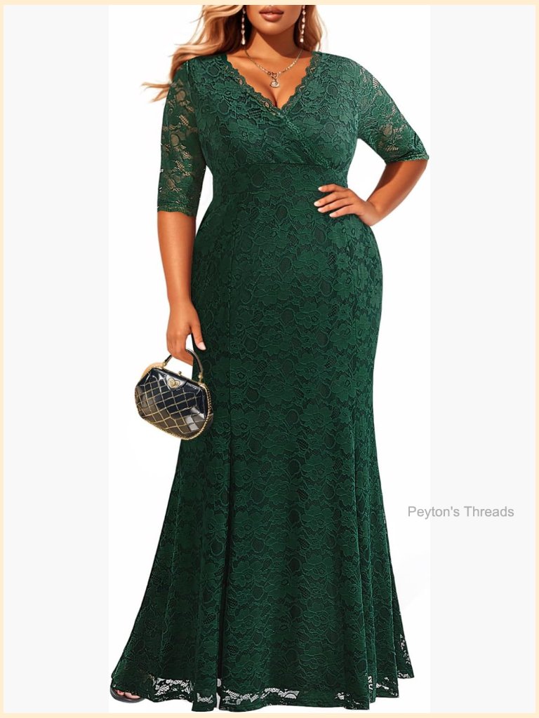 Mermaid Lace Formal Evening Gown Wrap V Neck 3/4 Sleeve Long Dress
